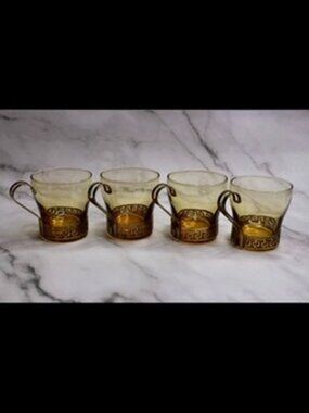 Set of Four Vintage Amber Libbey Greek Key Mugs